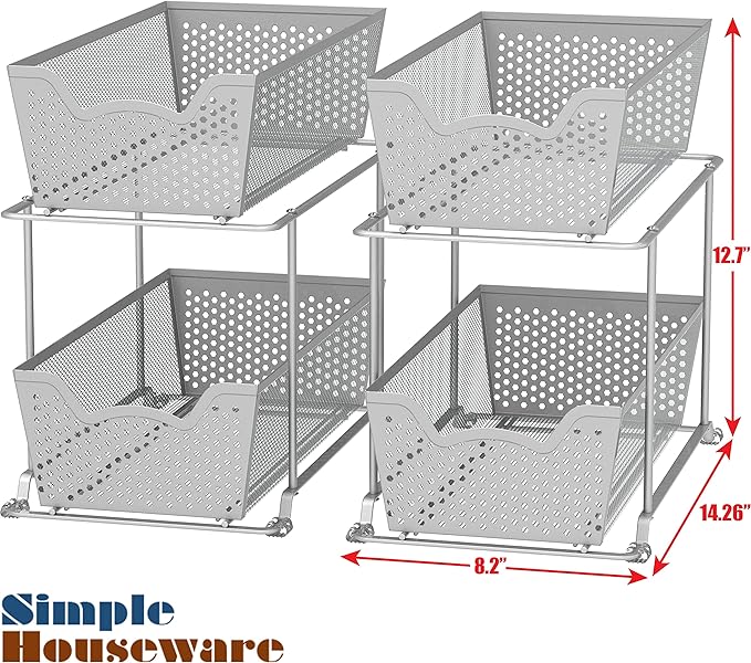 Simple Houseware Cabinet 2 Tier Perforated Basket Drawer, Silver - 2 Pack