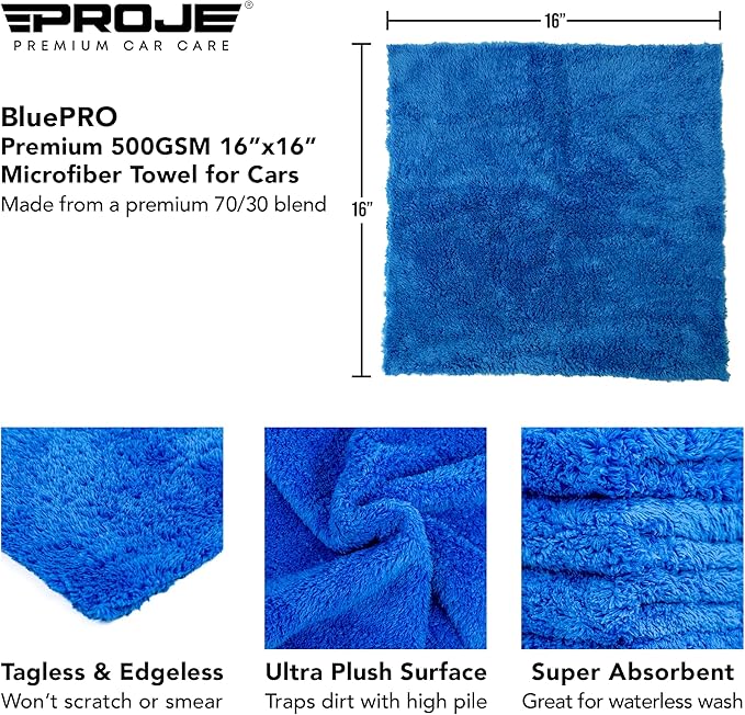 PROJE' Blue Microfiber Towel - Ultra Absorbent - Car Drying, Polishing, Buffing Cloth & Interior Detailing Towel - 500 GSM 16x16in - Auto Detailing Supplies - Pack of 6 Premium Car Care
