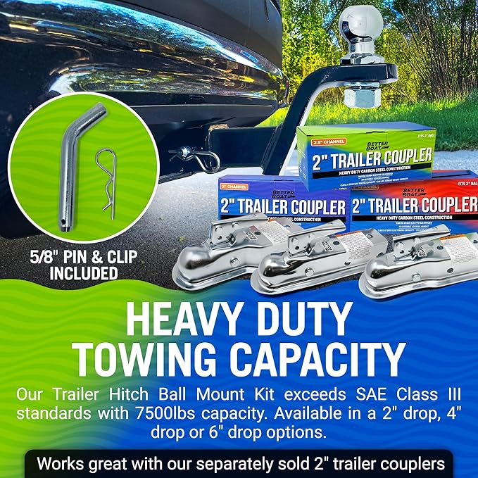 2 Inch Ball Hitch Mount Kit with Trailer Ball, Pin and Cover, Fits 2 Inch Receiver, 7500 lbs, 4 Inch Drop and 2 Inch Rise - Better Boat