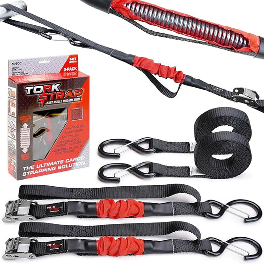 TorkStrap 14' x 1'' Self Tensioning Tie Down Straps [Patented] - Automatically Adapt to Load Shifts - 1,500LB Break Strength - Pull Alternative to Ratchet Straps - Integrated Soft Loops & Hooks (2-PK)