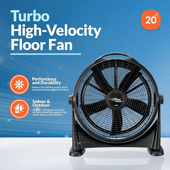 PAMI Turbo 20” High-Velocity Floor Fan - Quiet Portable Fan With 3 Speed Levels & Carry Handle- Adjustable Head Powerful Air Flow Industrial Fan- Heavy-Duty Electric Box Fan For Bedroom Home Office