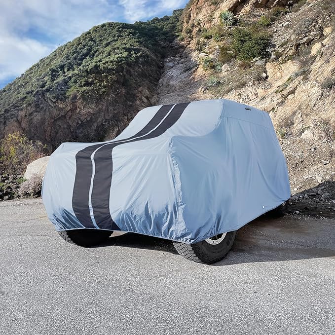 iCarCover Premium Plus SUV Car Cover Waterproof All Weather Rain Snow UV Sun Protection, CJ-5, Wrangler, FJ40, Tracker 2-Door, Sidekick 2-Door, Samurai, Size S56 (See Size Chart) Stripe - Gray/Black