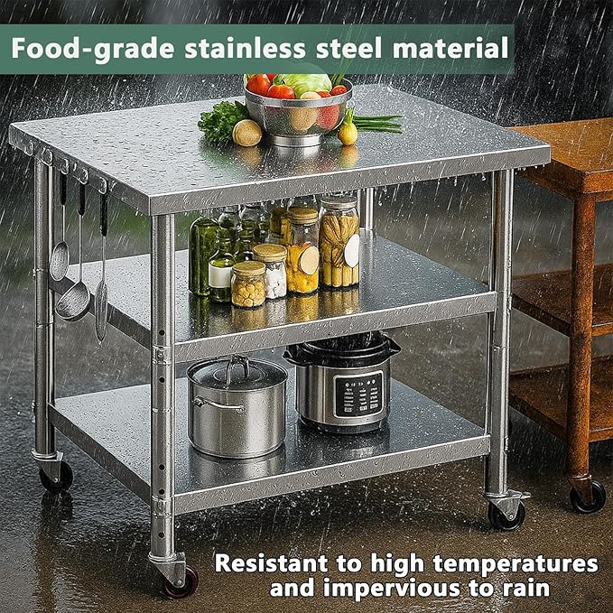 Stainless Steel Table with Wheels for Food Preparation and Work, Multi-Size Optional, Three-Layer Variable Two-Layer Metal Commercial Workbench Outdoor, Restaurant, Kitchen (51" Lx32 Wx34 H)