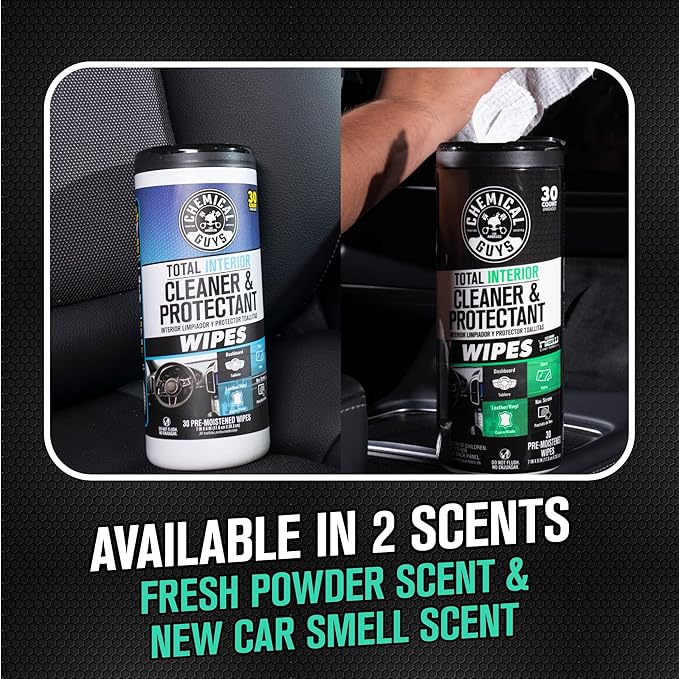 Chemical Guys Total Interior Cleaner and Protectant Wipes Canister, New Car Smell - All Surface Interior Cleaning Wipes for Dash Seats Door Panels Leather Vinyl & Fabric - Fresh New Car Scent, 2 Pack