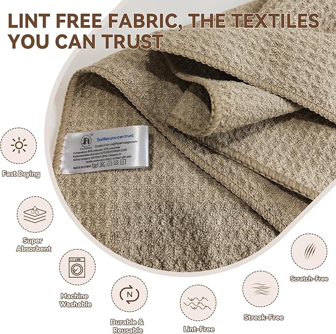 6Pcs Waffle Pattern Microfibre Glass Cleaning Cloth with Lanyard, 340GSM, Lint Free Glass Cloth for Polishing Mirrors Stainless Steel, All-Purpose Microfiber Towels(Khaki, 30 x 30 cm)