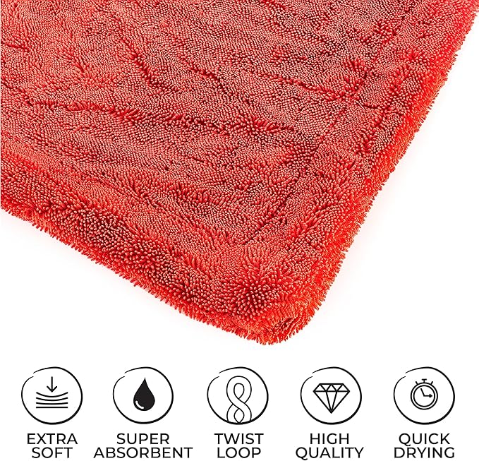 The Rag Company - The 1500 - Heavy Duty Car Drying Towel; Perfect for Trucks, Commercial Vehicles, RVs, Boats, and More; Premium 70/30 Blend Twist Loop Design, 1500gsm, 30in x 30in, Red