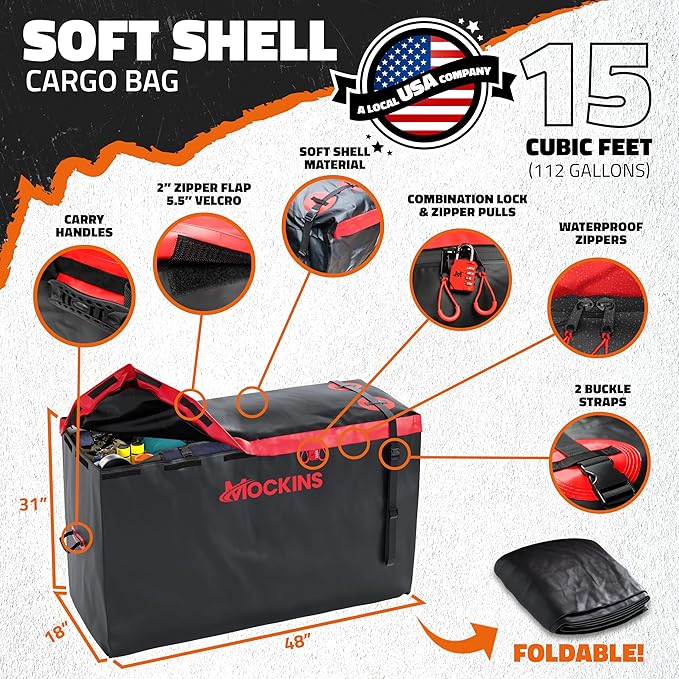 Mockins 15 CuFt Weatherproof Trailer Hitch Cargo Carrier Bag w/ 4 Packing Cubes | 48"x18"x31" Waterproof Cargo Bag for Hitch Carrier & Truck Bed Storage | Vehicle Soft-Shell Carriers w/Straps & Lock