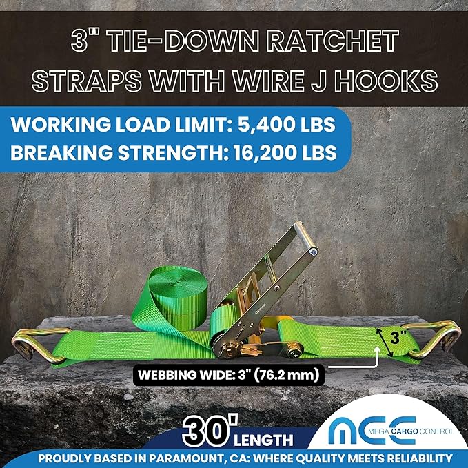Mega Cargo Control 10 Pack J Hook Ratchet Straps 3" x 30' Green Heavy Duty Tie Downs 15,000 Lbs Breaking Strength