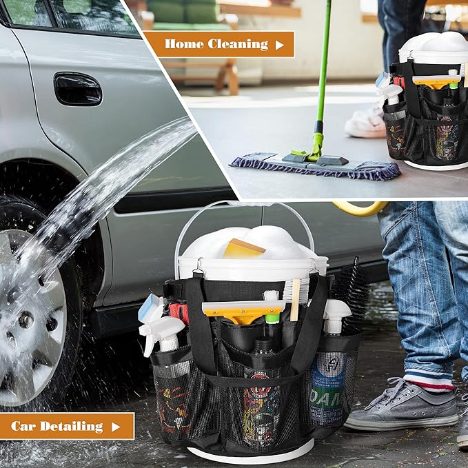 5 Gallon Bucket Organizer with Anti-fall Hooks & Buckle, Car Wash Bucket Caddy with Mesh Pockets, 5 Gallon Cleaning Tools Bag for Home, Auto, Garden & Fishing