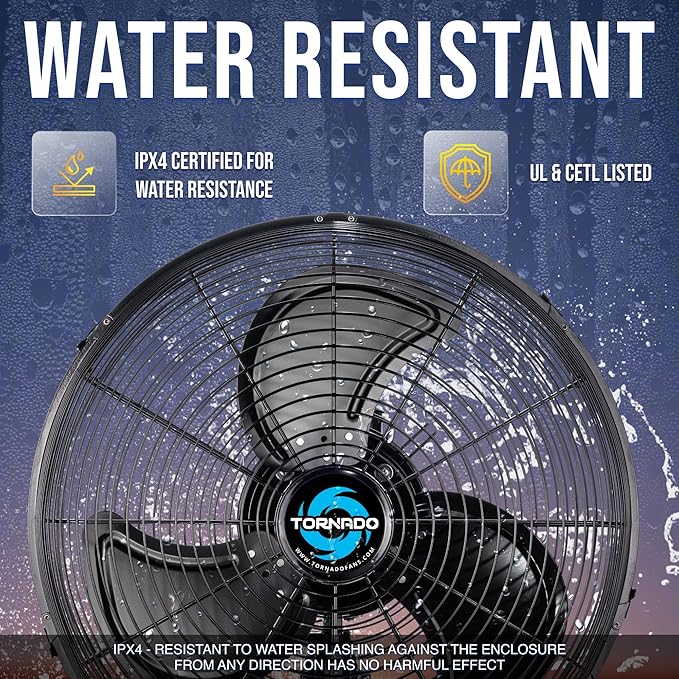 Tornado 16-Inch Pro Series Waterproof Outdoor Oscillating Wall Mount Fan – Heavy-Duty High-Velocity Metal Fan for Industrial, Commercial, Residential, and Greenhouse Use – UL Safety Listed