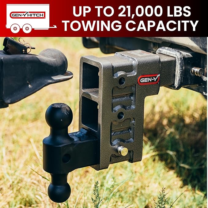 GEN-Y Hitch Tow Hitch for 2.5" Receiver - 6" Drop/Rise with 3 Adjustable Positions, Includes Dual Ball Mount, Pintle Lock and Locking Pins, 21,000 lbs Towing Capacity, 3,000 lbs Tongue Weight, Silver