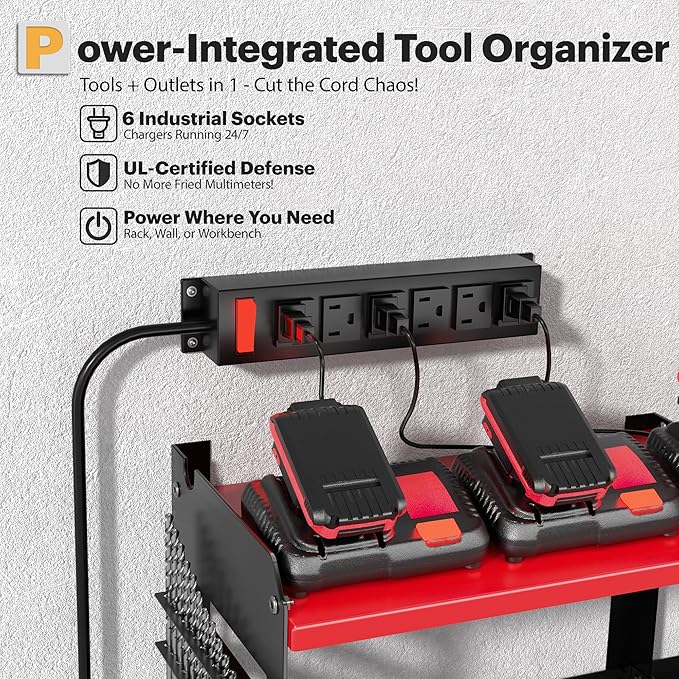 Spampur Power Tool Organizer Wall Mount with Charging Station, 15 Min Assembly & Maximum 420lbs Load by Heavy Duty Metal, 8 Slots for Cordless Drill, Tool Battery Holder with 6 Outlet Power Strip