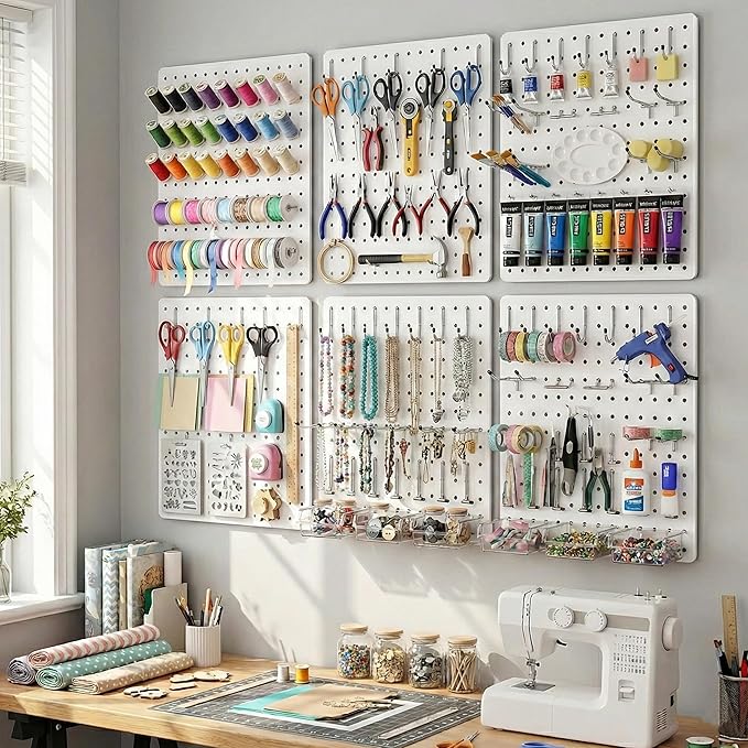Peg Board, 112pcs Metal PegBoard Organizer with Accessories, 6 Pack 16'' x 12'' White Pegboard Panels with Hooks, Wall Organizer for Craft Room,Sewing Room,Office,Garage,Kitchen