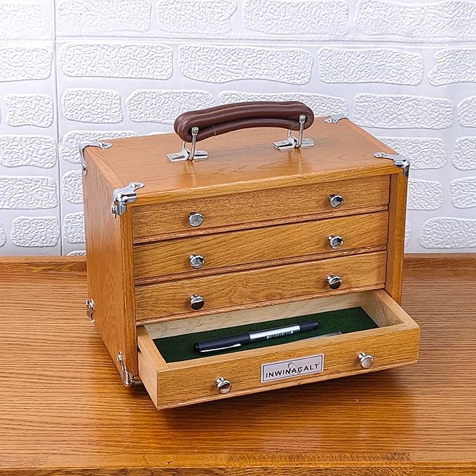 Oak Wood 4 Drawers Portable Toolbox, Leather Handle, FT0104