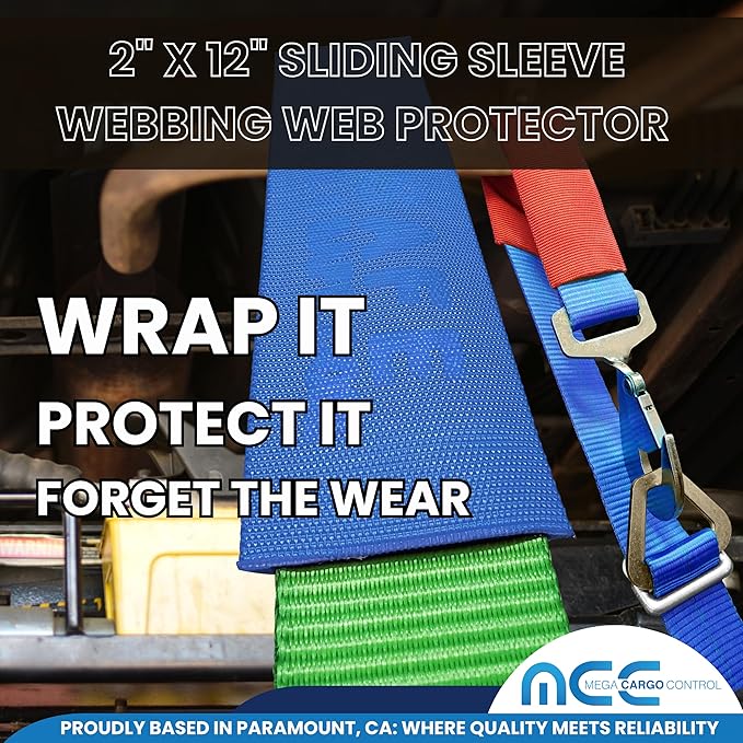 Mega Cargo Control Webbing Protectors for 2" Wide Tie-Downs, Tow Straps, Winch Tie Down System - Blue, 12" Sliding Sleeves (2 Pack)