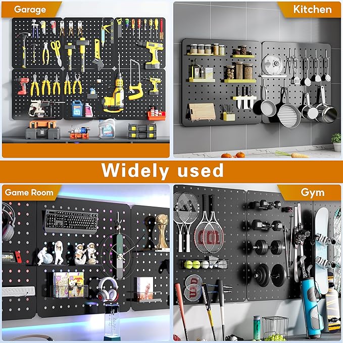 Peg Board, 70PCS Heavy Duty Metal Pegboard with Hooks, 6 Pack Black Peg Board Panels, 50lbs Load Capacity Each, Pegboard Wall Organizer for Garage, Workshop, Craft Rooms Total 24” x 36”