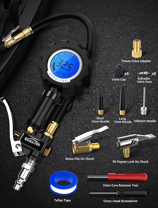 EVOULTES Digital Tire Pressure Gauge with Inflator, 0-250 PSI & 0.1 Res, Heavy Duty Tire Inflator Gauge with Locking Air Chuck & Quick Connector, Air Compressor Accessories w/Storage Box, 28 Pcs Set