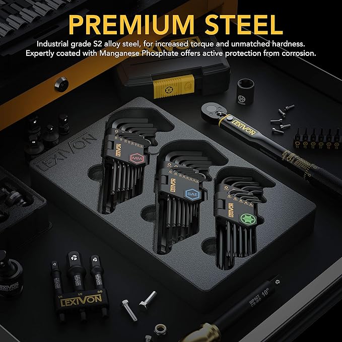 LEXIVON Master Wrench Key Set, 35-Piece Long Arm Ball End Hex Keys | 3-Pack Metric/SAE & Star, Industrial Grade S2 Alloy Steel (LX-131)