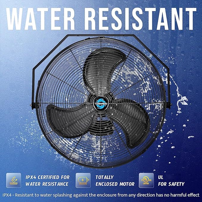 Tornado 20 Inch Outdoor Rated IPX4 Water-Resistant High Velocity Fan Industrial Workstation Wall Mount Fan For Commercial, Industrial, Residential, Greenhouse Use 3 Speed 4750 CFM UL Safety Listed