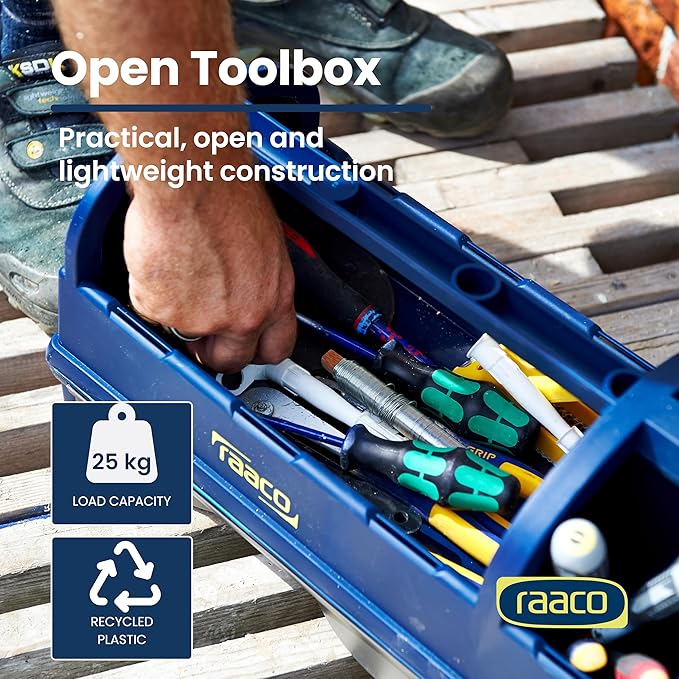 Raaco Open Portable Tool Box Organizer with Handle, Plastic Polypropylene Toolbox with 3 Compartments & Built-in Drawer, Hand-Held Storage Carrier, 55 lb Load Capacity