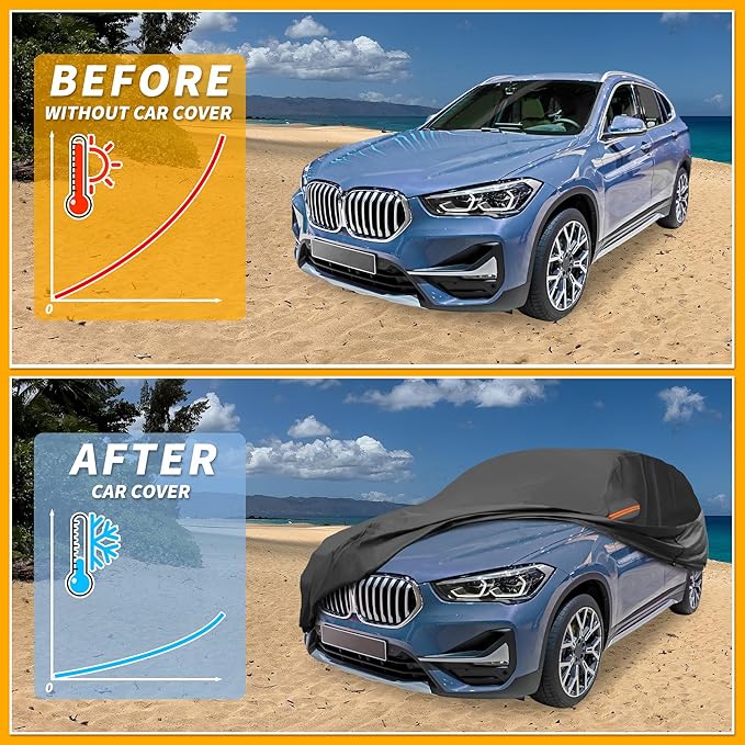 Universal Car Cover Waterproof All Weather 210D-PU, UV Sun Rain Protection, Fits for SUV Length 182"-190", with Left Side Zipper, Black