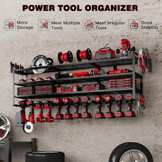 NattyDot 48" Large Power Tools Organizer Wall Mount,12 Drill Holder for Garage, Workshop Heavy Duty Storage Rack