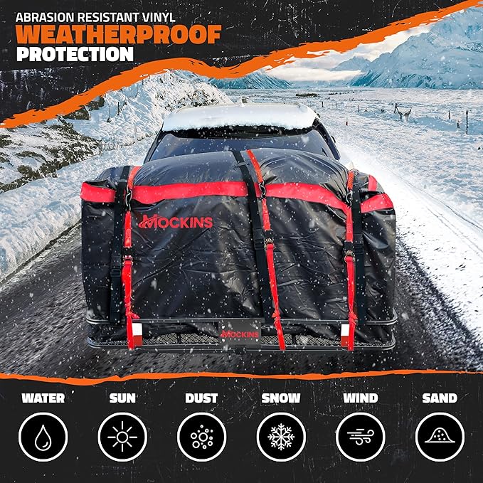 Mockins 40 CuFt XXL Trailer Hitch Cargo Carrier Bag | 70"x30"x33" Heavy Duty Vinyl Cargo Bag for Hitch Carrier | Versatile Waterproof Truck Bed Storage | Vehicle Soft-Shell Carriers with Accessories