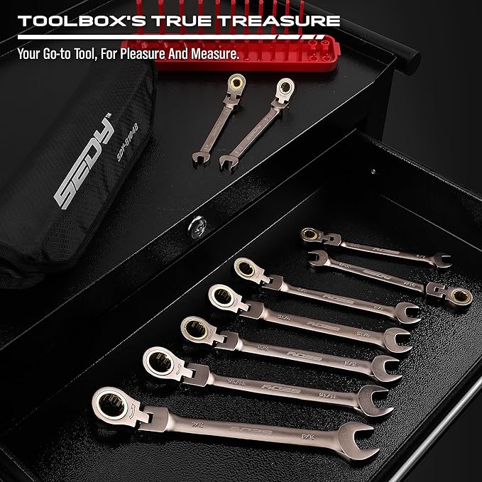 9-Piece SAE Flex-Head Ratcheting Combination Wrench Set - Premium 72-Teeth Gear Chrome Vanadium Nickel Plated with Organizer Bag