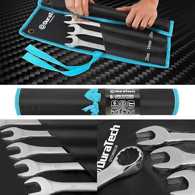 DURATECH Long Pattern Combination Wrench Set, Metric, 5-Piece, 23-30mm, 12 Point, CR-V Steel, with Pouch