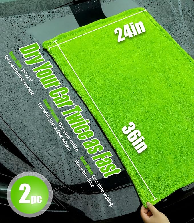 2-Pack Car Drying Towels 24x36 Inch 1300GSM, Twisted Loop Microfiber Cloth for Auto Detailing - Super Absorbent, Lint-Free & Streak-Free for SUV, Truck & Window (Gray-Green)