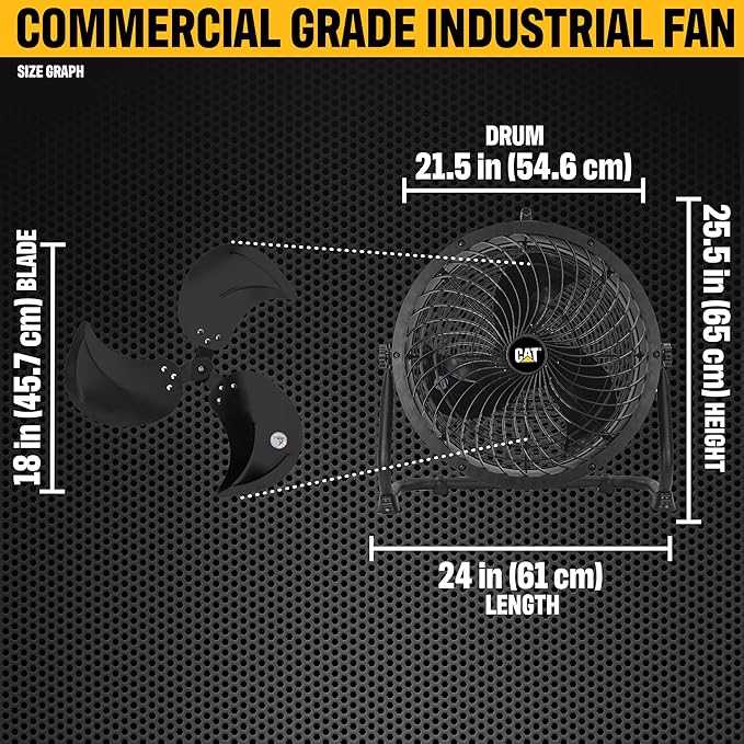 Caterpillar® fan 18”-Blade High-Velocity Drum Fan Heavy Duty Industrial Grade (Black, 2-in-1): 3,400 CFM, 4-Speed, 360 Degree Adjustable Drum Head, Dual Ball Bearing Motor with Die-Cast Cover