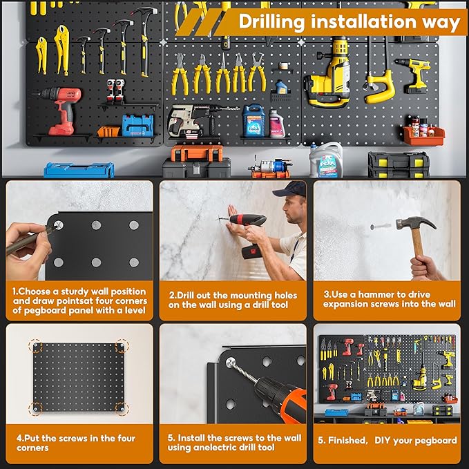 Peg Board, 112PCS Heavy Duty Metal Pegboard with Hooks, 6 Pack Black Peg Board Panels, 60lbs Load Capacity Each, Pegboard Wall Organizer for Garage, Workshop, Kitchen, Craft Rooms