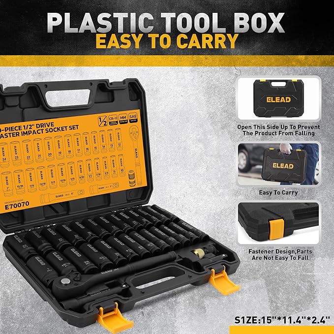 ELEAD 1/2" Drive Deep Impact Socket Set: 30-Piece Standard SAE (3/8 to 1 Inch) and Metric (10-24mm) Size, 3" and 5" Drive Extension Bar, Ratchet Handle, Bit Adapter, CR-V Steel for Auto Repair