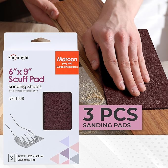 Sunmight Scuff Pads for Paint Prep Retail Pack 6" x 9" - Maroon 80100R - Aluminum Oxide - Surface Prep & Sanding Cloth - Abrasive Hand Pads for Auto, Marine, Aerospace- 3 Very Fine Sanding Sheets