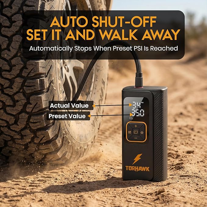 Heavy Duty Dual Cylinder Tire Inflator Portable Air Compressor - 160 PSI Dual Power Cordless Air Pump for Car, Truck, SUV - 12V DC & Rechargeable Battery, Digital Display, LED Light & Auto Shut-Off