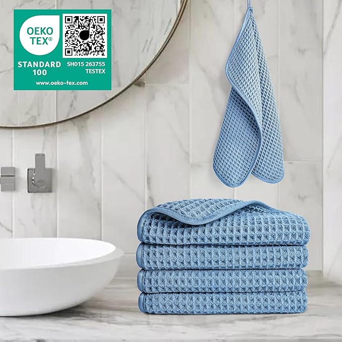 POLYTE 430 GSM Microfiber Lint Free Washcloth Face Towel, 13 x 13 in, 4 Pack (Waffle Weave)