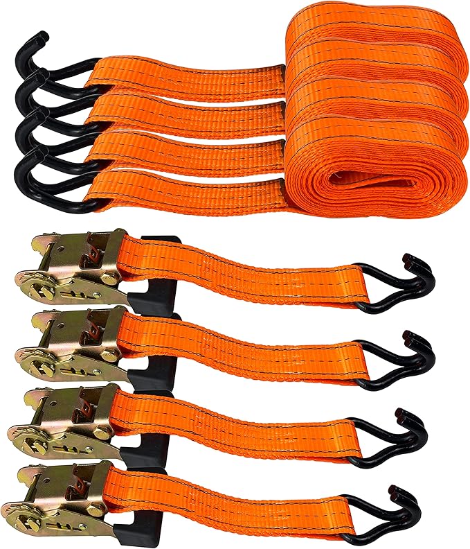 HFS(R) 4PC 1-1/2" x 15 ft Heavy Duty Ratchet Cargo Tie Down Straps 3000lbs Dual J-Hooks Orange