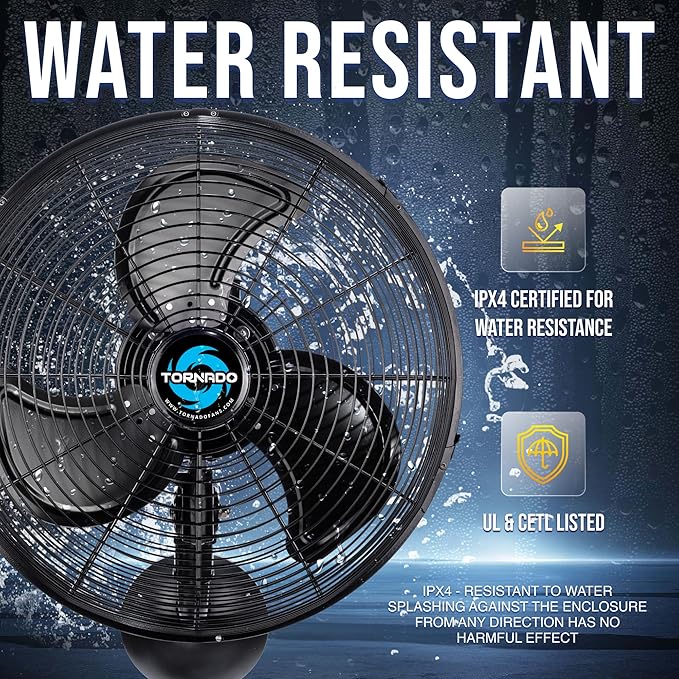Tornado 16" Pro Series Waterproof Outdoor Oscillating Wall Mount Fan – Heavy-Duty High Velocity Metal Fan for Patio, Industrial, Commercial, Residential & Greenhouse – UL Safety Listed