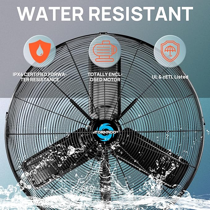 Tornado 30" Outdoor Rated IPX4 Water-Resistant Oscillating Wall Mount Fan – High Velocity Heavy Duty Metal Fan for Industrial & Commercial Use – 2 Speeds, 8400 CFM, cETL Listed