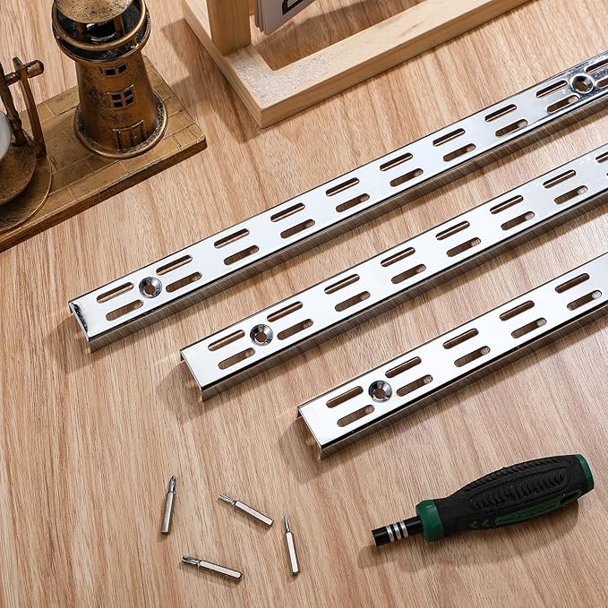 MorningRo 6 Pcs Dual Track Upright Wall Shelving System Heavy Duty Support System Twin Slot Shelf Rail Shelf Standards for Pantries Linen Closets Laundry Rooms(Silver,47.5 Inch)