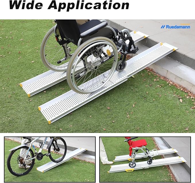 Ruedamann 7FT Adjustable Wheelchair Ramp, 9" Wider Portable Ramp for Wheelchair, 600 lbs Per Pair Capacity, Telescopic Aluminum Wheelchair Ramp for Home, Doorways, Curbs, Scooters, 2Pcs