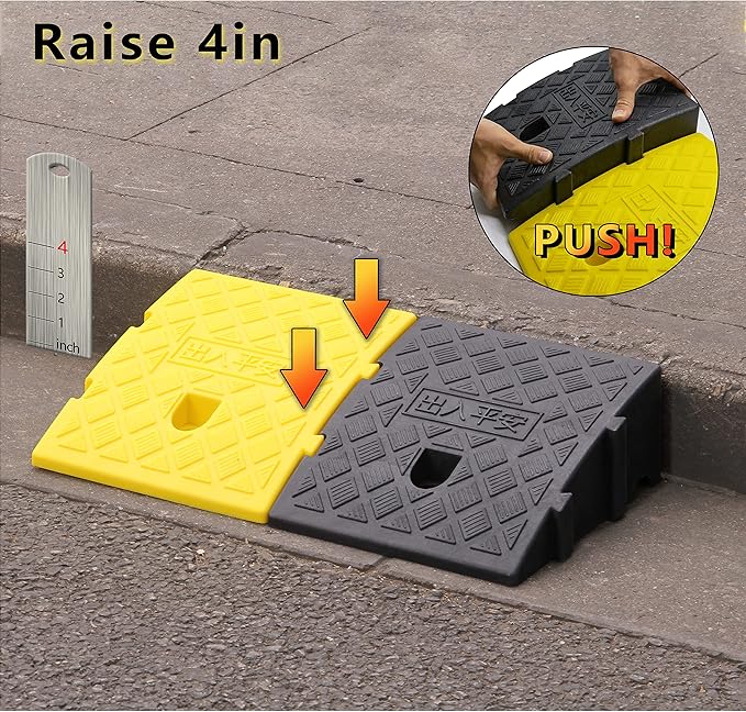 YYDS Curb Ramps,Plastic Lightweight Curb Ramp -2pcs,Protable Threshold Ramps,19.5" L x 10.5" W Driveway Ramps with Slots for Lawn mowers, Wheelchairs, Bikes, Motorcycles，Black＆Yellow (High 4”)