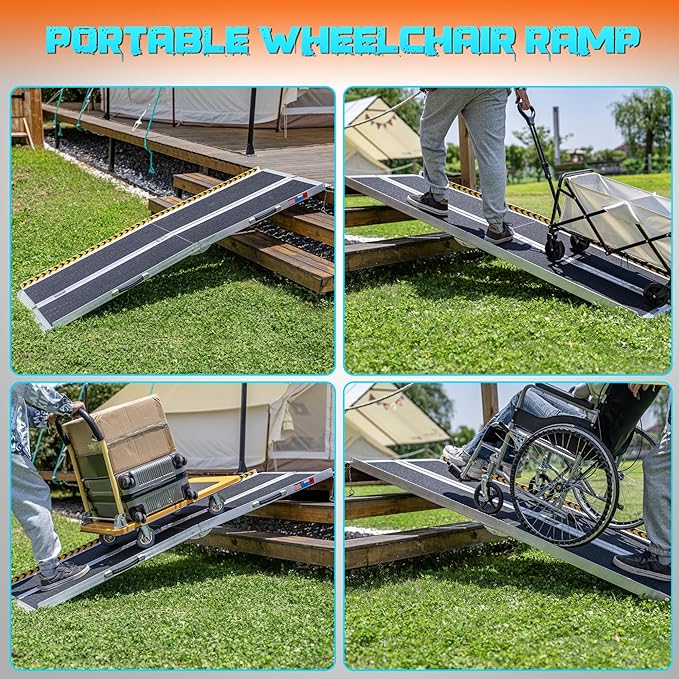 WHALEMOTOR Portable Wheelchair Ramp 7FT, Anti-Slip Aluminum Folding Portable Ramp, Wheelchair Ramps for Home, Weight Capacity Up to 800 LBS, with Transition Plates Above and Below, Loading Dock Plates