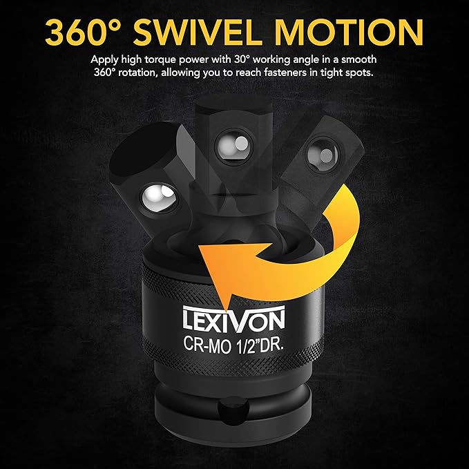 LEXIVON 1/2-Inch Drive Click Torque Wrench 10~150 Ft-Lb/13.6~203.5 Nm + Universal Joint Socket Swivel Set | 3-Piece Ball Spring Design 1/2", 3/8", and 1/4" U-Joint Drive