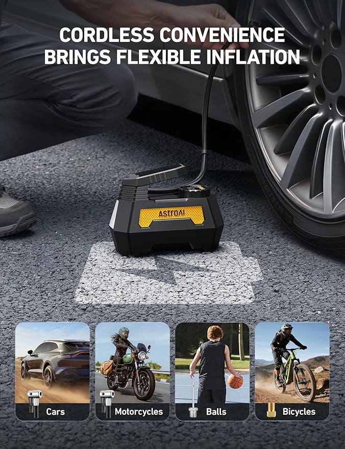AstroAI H2 Pro Tire Inflator Portable Air Compressor Fully Upgraded Cordless Tire Inflator with DC 12V & Battery Dual Power Supplies Fast Inflation Air Pump for Car Tires Motorcycles Yellow