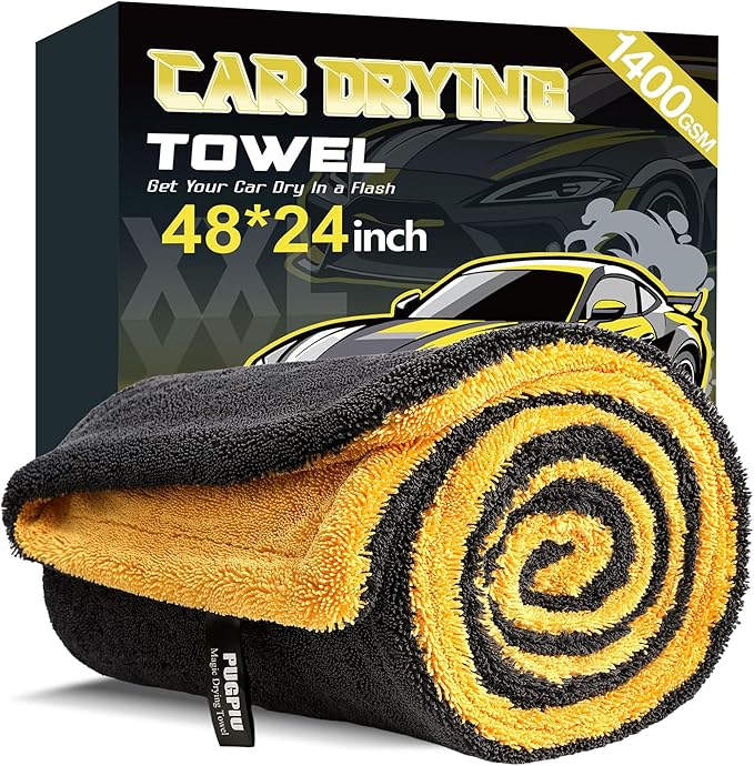 PUGPIU Microfiber Car Drying Towel Extra Large Super Absorbent 48"X24", 1400 GSM Flash Detail Car Wash Drying Towel Edgeless with Two Sided Soft Twisted-Loop, No Water Spots Streaks for Cars (Yellow)