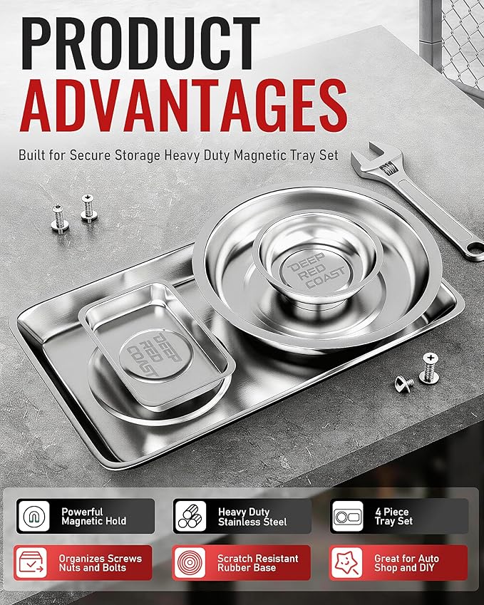 Magnetic Tray 4-Pack, Stainless Steel Magnetic Parts Tray Set, 3 Inch and 6 Inch Round Trays, Square Tray and Shallow Tray, Magnetic Tool Tray for Nuts Bolts Screws, Silver