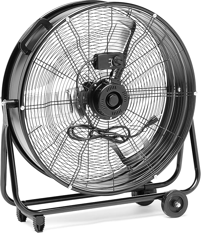 Amazon Basics 24" 215W High-Velocity, Heavy-Duty Industrial Fan, Drum Fan, with UL-Certified Safety Compliance, 2 Speeds, Up to 8820 CFM, 5.9-ft Power Cord, 2 Wheels, Metal Housing/Blades, Black