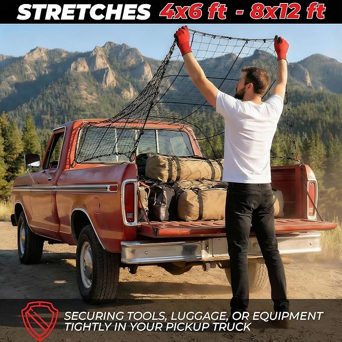 Heavy Duty Cargo Net for Pickup Truck Bed, 4'x6' Stretches to 8'x12' - 4"x4" Mesh 10mm Bungee Truck Bed Net with 12 Metal Carabiners, Anti-Slip Gloves & Guide for Trucks, SUV, Roof Rack