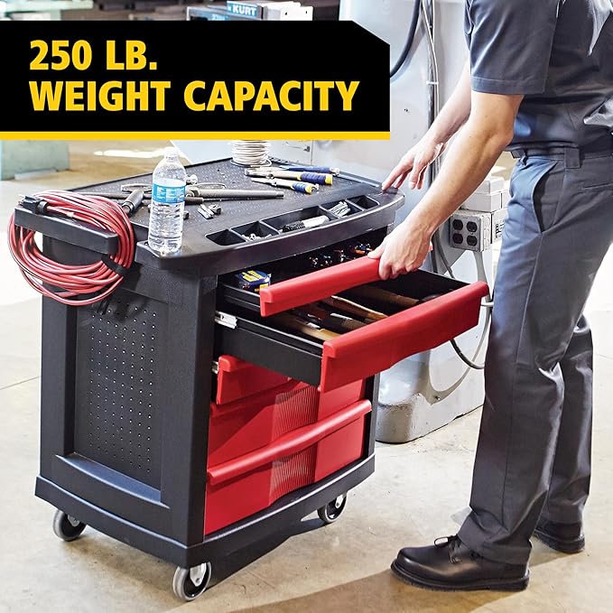 Rubbermaid Commercial Products Mobile Tool Work Center, 5 Drawers, 250 lb. Capacity, Black, for Warehouse/Garage/Cleaning/Maintenance